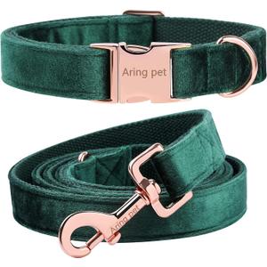 ARING PET Velvet Dog Collar and Leash Set, Soft Dog Collar and Leash, Adjustable Collars for Dogs (Medium, Dark Green)