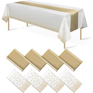 8Pack Disposable Plastic Tablecloths and Satin Table Runner Set White and Gold Dot Tablecloth Gold Satin Table Runner for Wedding Birthday Baby Shower Anniversary Christmas New Year Party Decorations