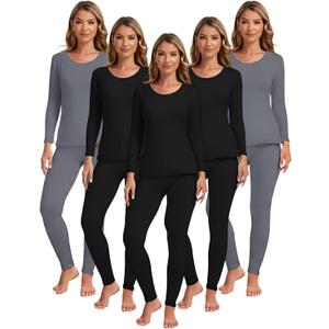 Patelai 5 Set Women Thermal Underwear Sets Fleece Lined Thermal Underwear Winter Warm Base Layer Top and Bottom (X-Large, 3 Black, 2 Gray)