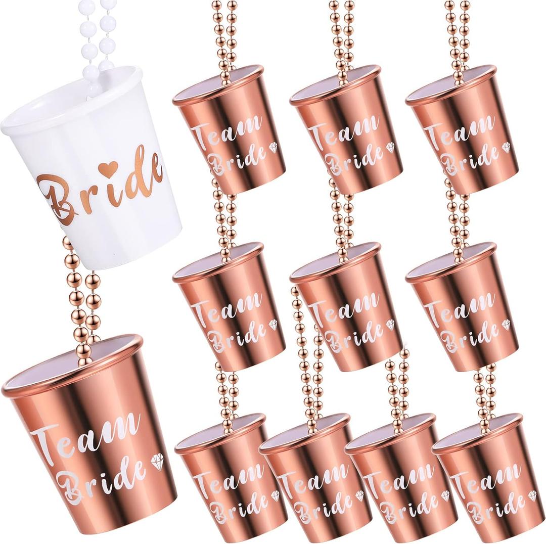 Jexine 12 Pcs Team Bride and Bride Shot Glass Necklace Bachelorette Shot Glass Necklace with Beads Chain and Gold Foil Bridesmaid Gifts for Wedding Bachelorette Bridal Shower Party(Rose Gold)