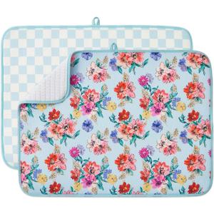FRESHMINT Printed Dish Drying Mats for Kitchen Counter 2 Pack Absorbent Reversible Drying Mats Microfiber Kitchen Countertop Protector Dishes Drying Pad Extra Large 18"x24" Dish Mat (Checkerboard Florals)