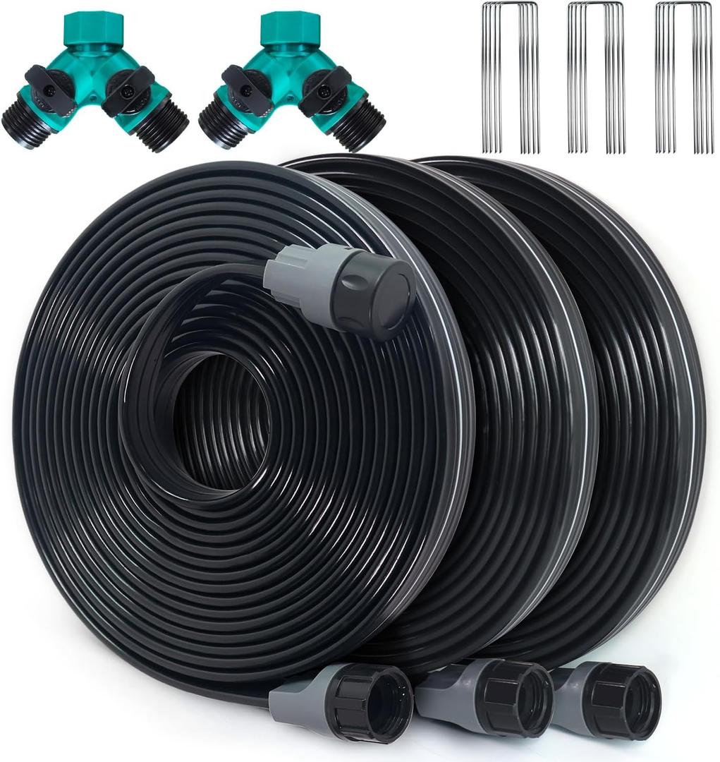 Sprinkler Hose with Holes 75 Ft (25 ft 3pack), Flat Soaker Hose 75 ft with Garden Staples and Splitters, Drip Line Irrigation Hoses for Lawn, Vegetable Watering Hose (75 ft) (Black)
