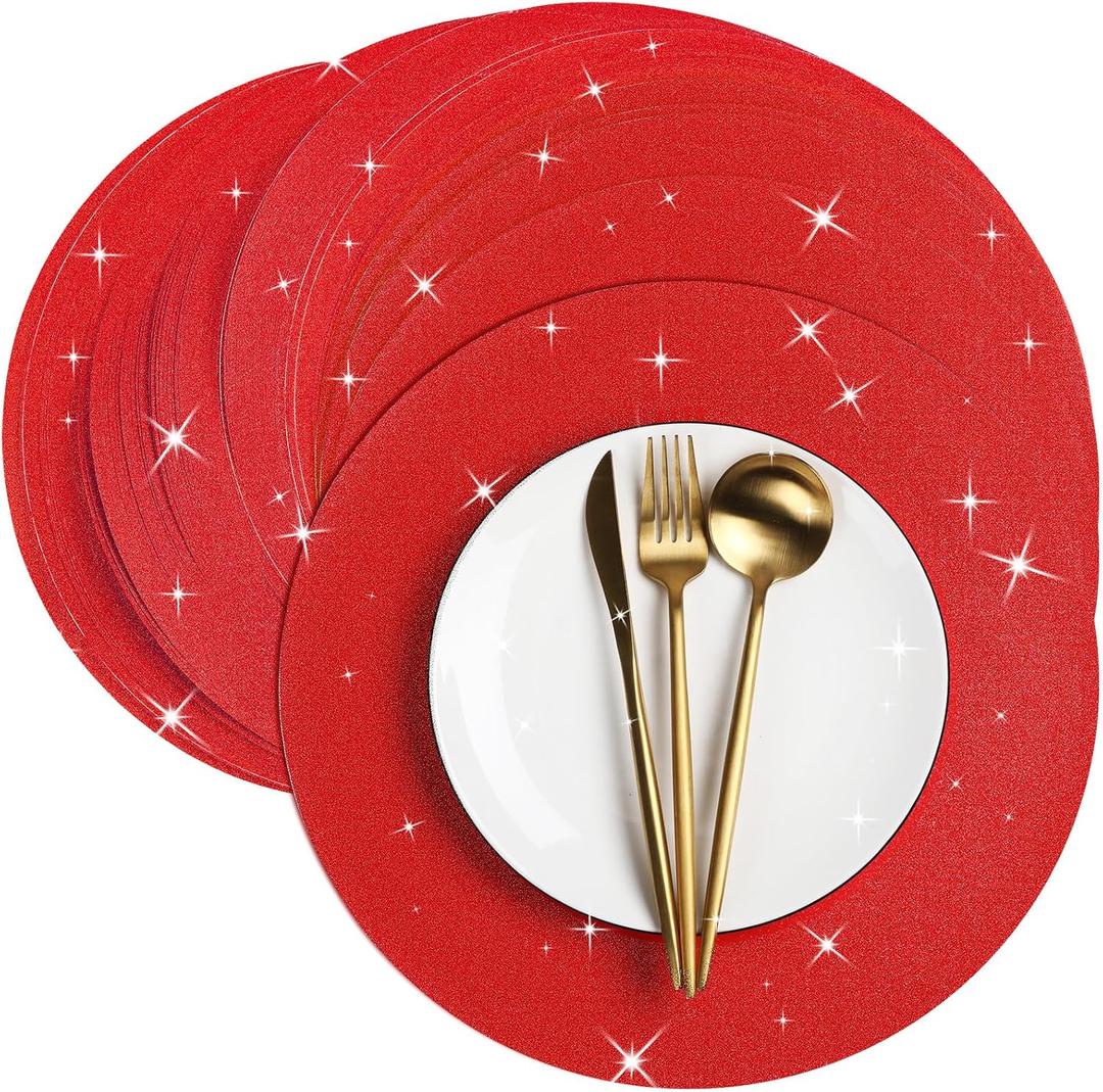 Patelai Glitter Paper Decorative Placemats - 13 Inch Round Shiny Tablemats - Bling Disposable Paper Doilies for Table Dinning Banquet Wedding Party (Red, 100 Pcs)