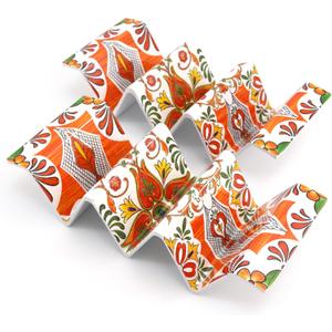 TP Taco Holder Stands, Set of 2 Melamine Large Taco Serving Rack Tray with Handle, Holds 3 Tacos, Dishwasher Safe, Ideal for Taco Night, Party, Home, Fiesta, Talavera Sunset (Fuego Orange)