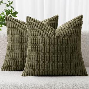 MIULEE Pack of 2 Spring Corduroy Decorative Throw Pillow Covers 20x20 Inch Soft Boho Striped Pillow Covers Modern Farmhouse Home Decor for Summer Sofa Living Room Couch Bed Olive Green