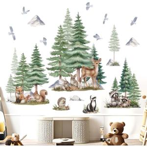Animals Woodland Wall Stickers for Nursery: Large Forest Tree Bear Deer Fox Wall Decals - Kids Baby Girls Boys Room Daycare Bedroom Wall Decor