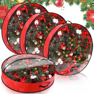 Aliceset 4 Pack Wreath Storage Containers, Ornament Garland Wreath Storage Bags with Handle Zipper Decorative Storages Box for Winter Valentine Wreaths(36 x 36 x 7.8 Inch,Red)