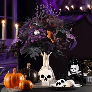 Alupssuc 2 Bundles 22 Heads Large Artificial Halloween Flowers, Fake Flower Arrangement with Spider&Eyeball Decoration, Faux Floral Bouquet for Home Party Decor in Table Centerpieces, Purple&Black