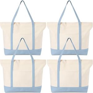 Sunnymove 4 Pcs Large Canvas Tote Bags Bulk with Top Zipper Closure, Reusable Grocery Shopping Bags, Bachelorette Party DIY Gifts (21" X 15" X 6",Light Blue)