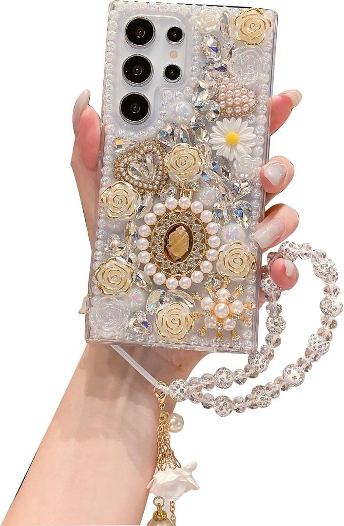 iFiLOVE for Samsung Galaxy S25 Plus/S24 Plus Bling Diamond Case with Flower Strap, Luxury Sparkle Glitter Crystal Rhinestone Pearl Love Rose Wristband Bracelet Case Cover for Girls Women (White)