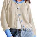 Saodimallsu Womens Cropped Cardigan Sweaters Button Down Open Front Long Sleeve Fall Trendy Color Block Knit Coats, S