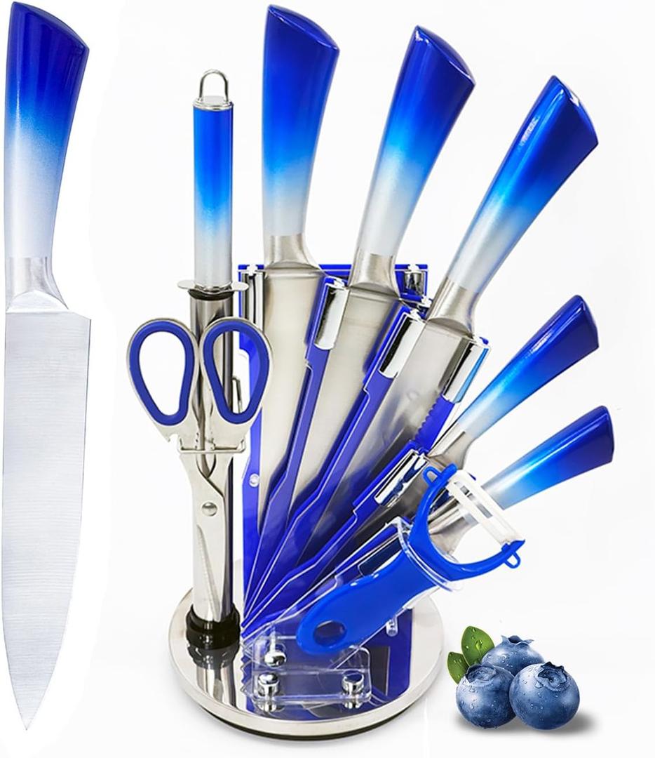 Kitchen Knife Set, 9-Piece Blue Professional Kitchen Knives Set with Acrylic Block, Non Stick Sharp Stainless Steel Chef Knife Set with Sharpener for Cutting Kitchen Gifts for Women