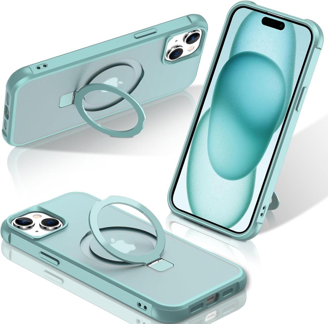 STERKER Magnetic Stand Ring Compatible with iPhone 15 Plus Case [Military Grade Drop Plustection][Compatible with Mag-Safe] Kickstand Slim Matte Case for iPhone 15 Plus Phone 6.7", Green