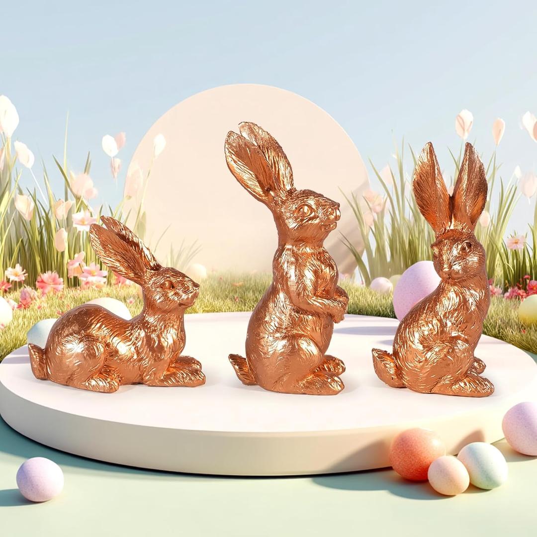 2 x Vintage Easter Decorations for Home, Spring Decor, Gold Rabbit Figurine, Bunny Statues, Farmhouse Small Resin Bunnies (Gold Hairy sense-3PCS)
