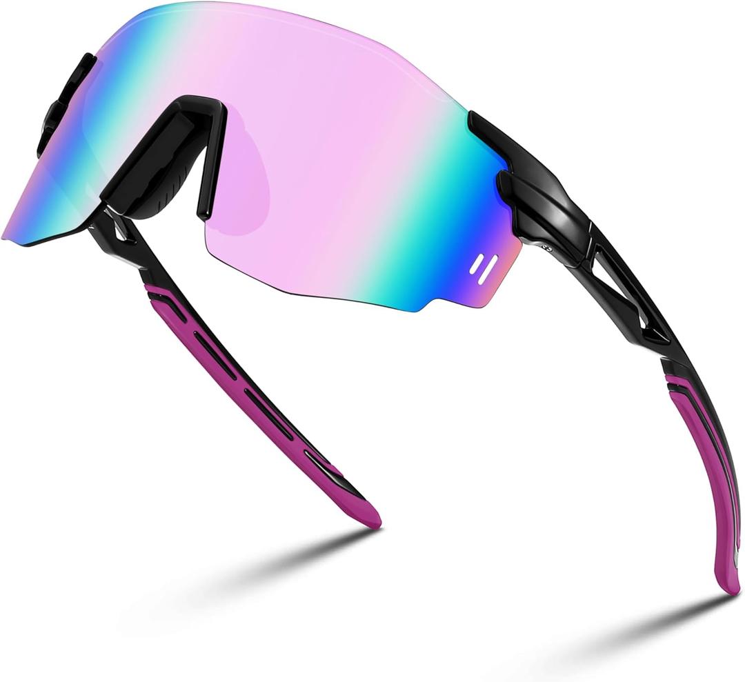 FEISEDY Rimless Sports Sunglasses for Men Women Tr90 Frame for Cycling Fishing Running B0116 (Large, Black Frame Pink Mirrored Lens)