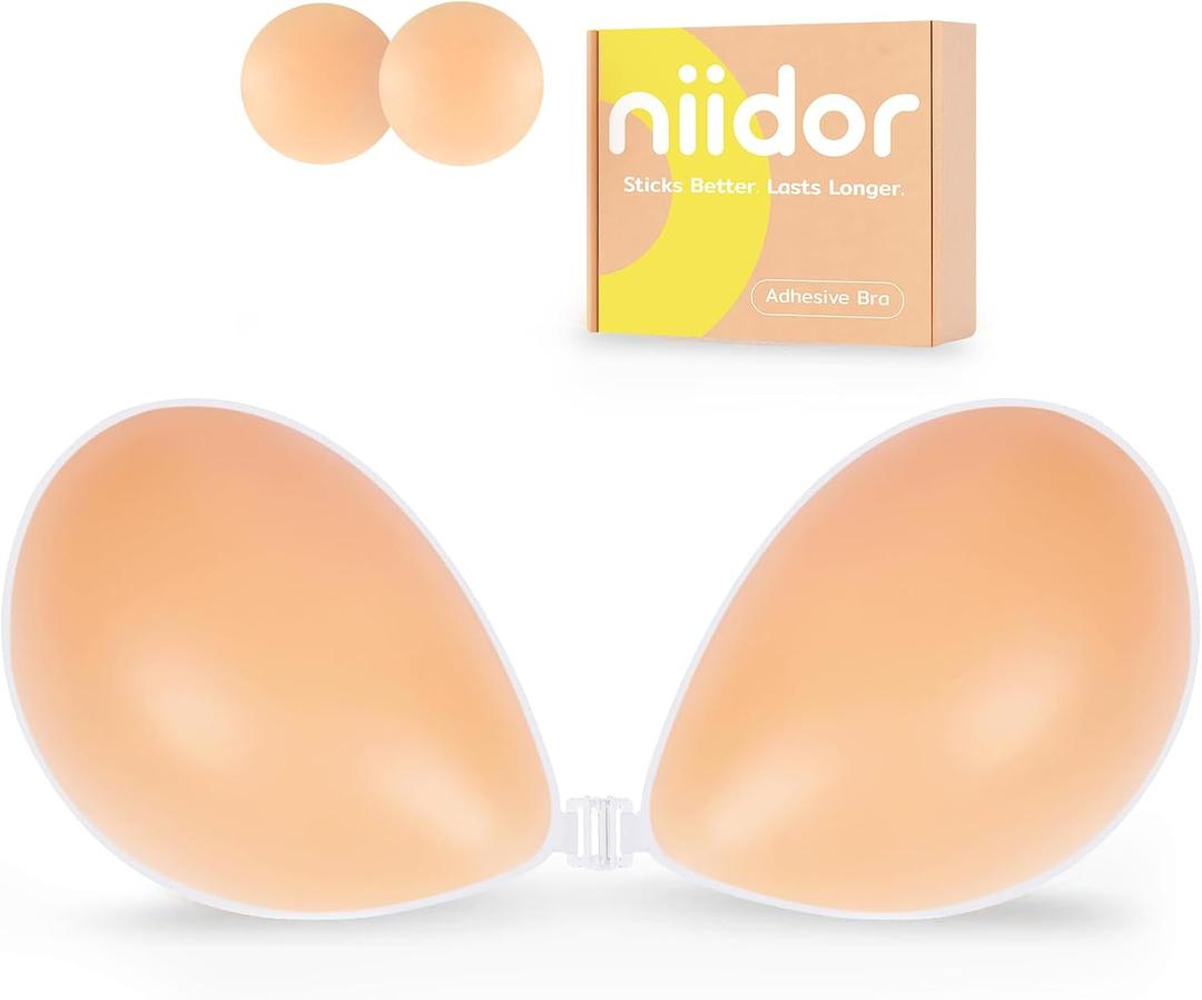 Niidor Adhesive Bra Strapless Ultra Sticky Invisible Push up Silicone Bra Multiple Colors Sizes Reusable for Backless Dress, Cup Size: F (Creme)
