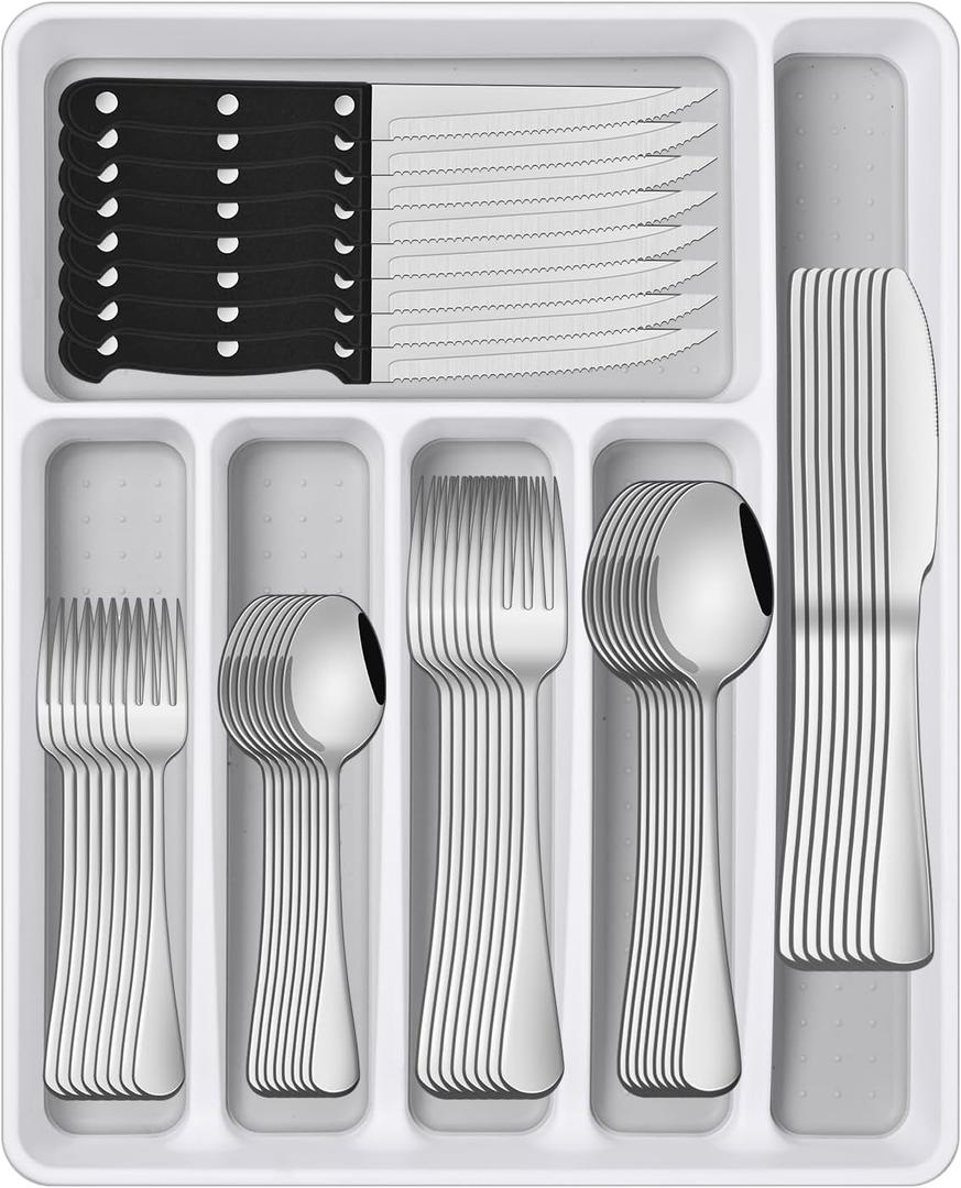 49 Pieces Silverware Sets With Organizer And Steak Knives,Stainless Steel Flatware Sets Service For 8 Person For Home Kitchen,Tableware Cutlery Sets,Includes Knife Spoon and Forks Sets