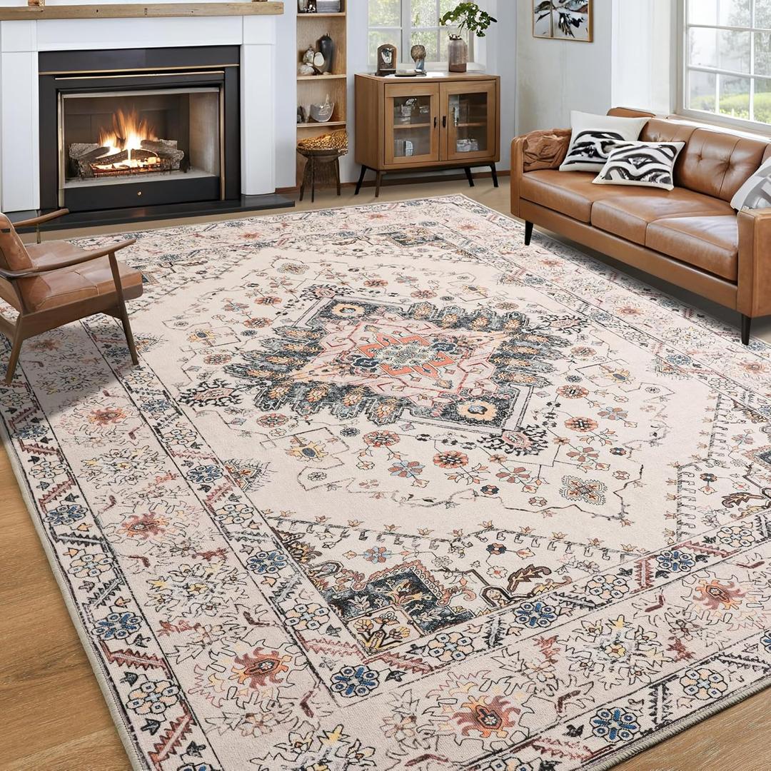 Noahas Beige 6x9 Area Rugs for Living Room, Vintage Machine Washable Rug,Low Pile Print Large Rug with Rubber Backing Non-Slip Carpet for Bedroom,Kitchen,Dining Room,Home Office,Home Decor
