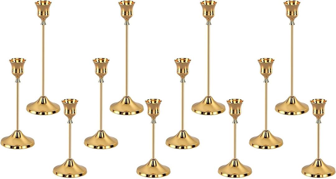 Candlestick Holders, 12Pcs Gold Taper Candle Stick Holder, Metal Vintage Decor Candle Holder Decor for Housewarming Gift Wedding Fireplace Mantel