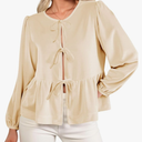 Cicy Bell Womens Cute Tie Front Peplum Velvet Tops Puff Long Sleeve Babydoll Shirts Casual Blouses 2025 Fall Outfits. Size 2XL