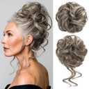 CJL HAIR 2PCS Messy Bun Hair Pieces Wavy Curly Synthetic Updo Chignon Fake Scrunchies Ponytail Extension for Women Ash Grey