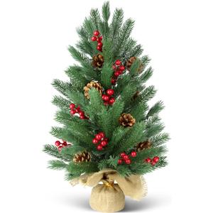 24 Inch Pre-lit Christmas Pine Tree, 2FT Small Table Top Xmas Tree with 50 Warm White Lights, Battery Power Tabletop Tree with Timer, 55 Pines, 10 Pinecones, 70 Red Berries for Winter Home Decorations (Green)