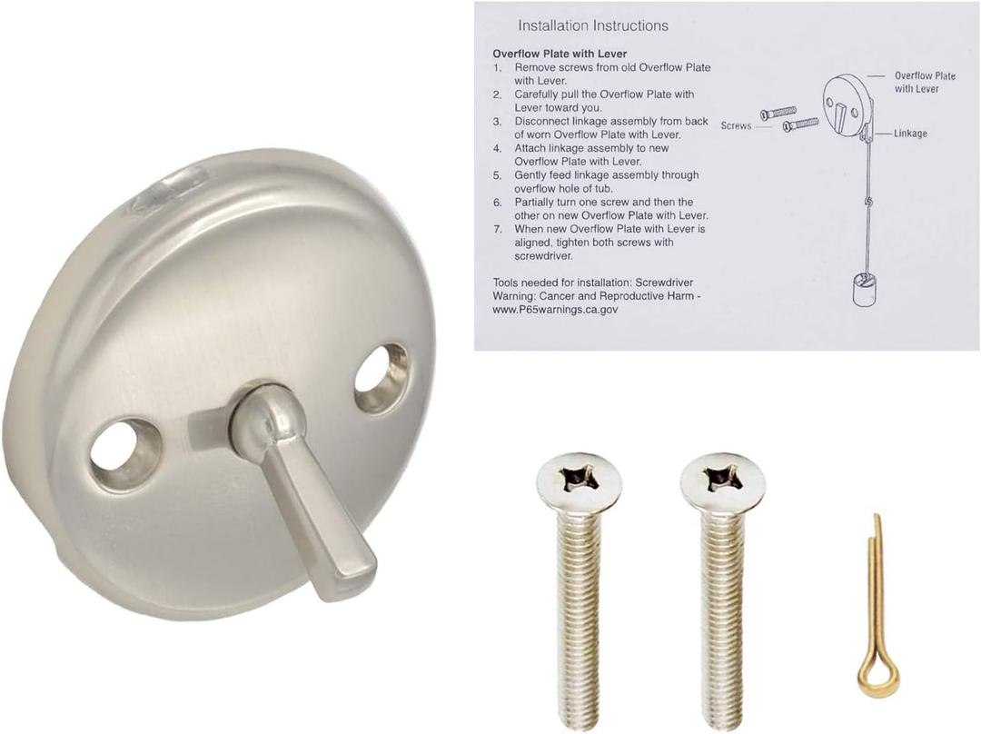 Bath Tub Waste Overflow Drain Trip Lever Face Plate for Bathtub with Matching Screws for Faceplate (Brushed Nickel)