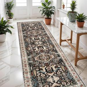 Washable Kitchen Runner Rug - 3x8 Hallway Rug Distressed Mats Non-Slip Soft Room Floor Carpet for Dining Room (Black,3x8)