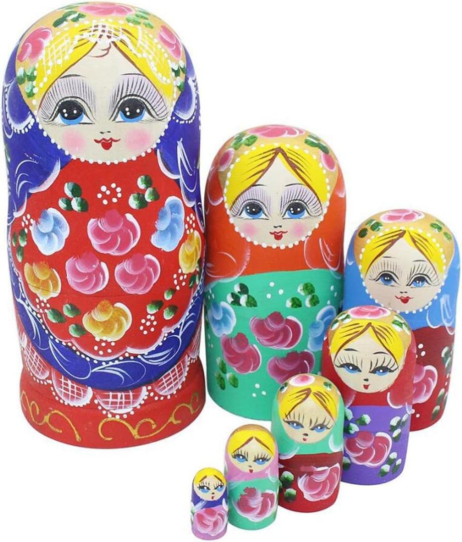 Winterworm Set of 7 Pieces Beautiful Lovely Wood Red Flower Girl with Blue Scarf Traditonal Russian Nesting Dolls Matryoshka Wishing Dolls Toy Gift Home Room Decoration