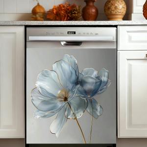 Dishwasher Magnet Cover 23" x 26", Reusable Magnetic Dishwasher Door Cover, Decorative Appliance Panel to Hide Scratches, Fits Standard Magnetic Dishwasher Doors, Blue Transparent Flower
