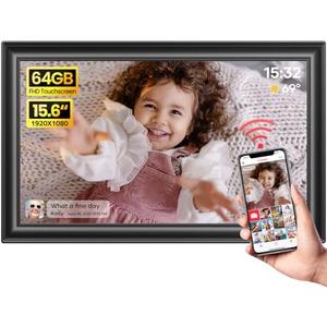 64GB 15.6" Frameo Digital Picture Frame WiFi, Large Electronic Photo Frames 1920 x 1080 IPS FHD Touch Screen, Send Photos from Your Phone from Anywhere, Best Gifts for Parents and Grandparents, Black