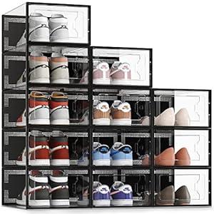 SEE SRPING XX-Large Shoe Storage Box Fit Size 14, Clear Plastic Stackable Shoe Organizer for Closet, Shoe Rack Sneaker Containers Bins Holders, Drawer Organize Unit, 12 Pack Black