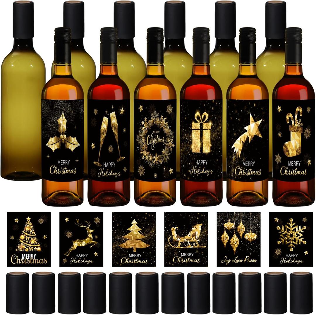 Maxcheck 12 Set 25 oz Christmas Wine Bottles 750ml Plastic Empty Liquor Homemade Coquito Bottles with 12 Christmas Labels Stickers Screw Caps 20 Shrink Capsules for Xmas Gift Party Favors(Dark Green)