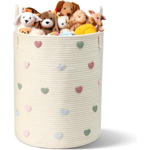 LemonRoad Macaron Heart Laundry Hamper Large Cotton Rope Storage Basket Woven Storage Bucket with Handles for Bathroom Bedroom Nursery Toy Clothes Organizer, 60 L
