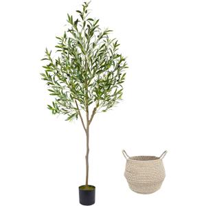 Warmplants Artificial Olive Tree, 6ft Tall Fake Olive Leaves Plant with Basket, Indoor Outdoor Faux Olive Topiary Silk Tree for Home Livingroom Office Dcor