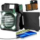 22000mAh Camping Solar Fan, Dual-Panel Rechargeable Solar Powered Fan with LED Light, 5 Adjustable Speeds Battery Powered Portable Fans, USB-C Fans for Travel Tent Home Camping Accessories (Green)