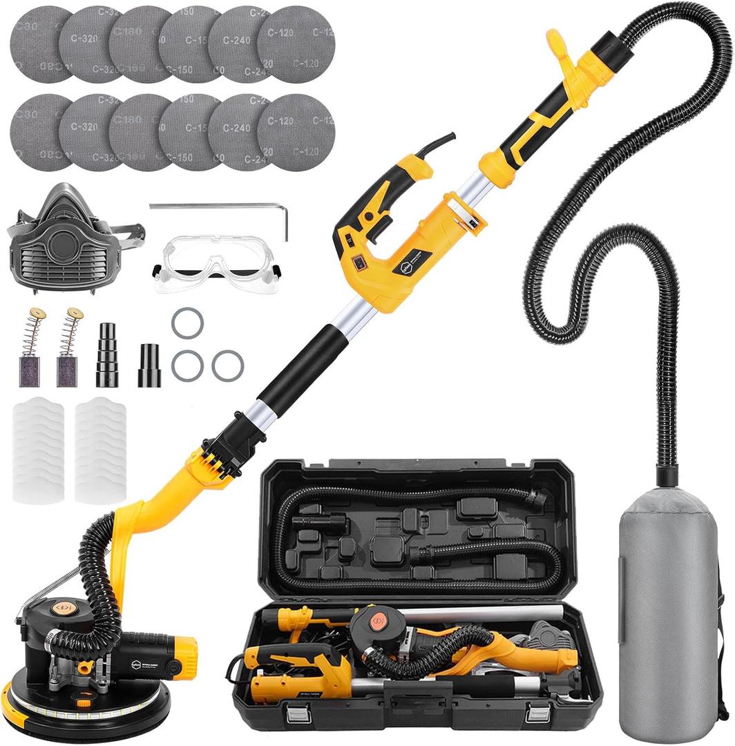 Drywall Sander, 880W 7.3-Amp Popcorn Ceiling Removal Tool with 1100-2100RPM 5 Variable Speed 12pcs Sanding Discs Electric Drywall Sander with Vacuum Dust Collector LED Light for Ceiling Sanding