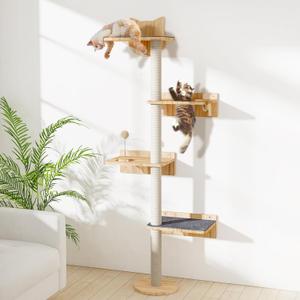 Wall Mounted Cat Tree with 2pcs Non-Slip Carpet, 63" Tall Sisal Scratching Post and Cat Shelves Perch with Wood Track Toy Ball, Cat Wall Shelf Climbing Tower for Indoor Middle Large Kitten