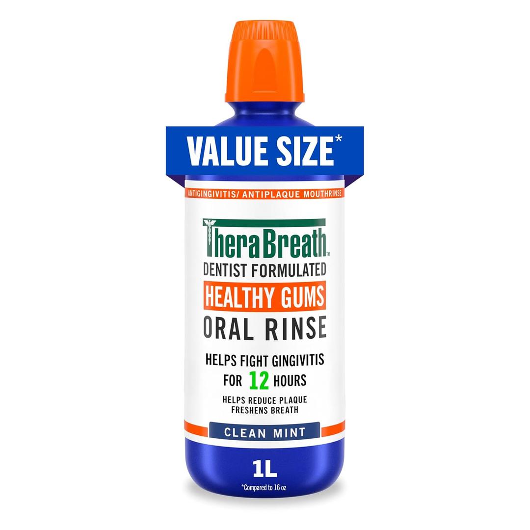 TheraBreath Healthy Gums Oral Rinse, Antigingivitis, Clean Mint Flavor, Dentist Formulated to Help Prevent Gingivitis and Support Gum Health, Alcohol Free, 1 Liter