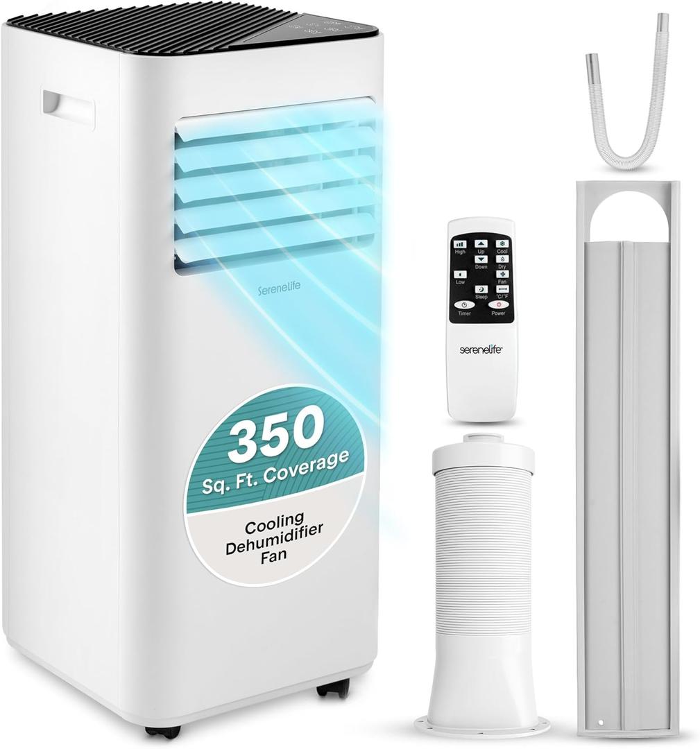 SereneLife Portable Conditioner, 8000 BTU 3-in-1 Compact Standing Air Conditioner for Rooms Up to 300 Sq. Ft., Energy Efficient Floor AC Unit with Remote Control, Universal Casters, Window Mount Kit