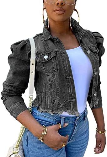 Omoone Women's Ripped Puff Sleeve Denim Crop Top Long-Sleeve Cropped Jean Jacket, Small
