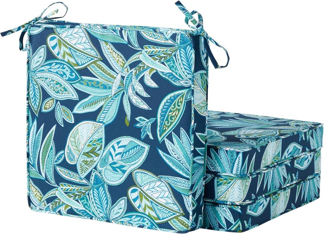 Outdoor 18 inch Square Patio Dining Chair Pads  Comfortable Fiber-Filled Seat Cushions with Ties, Reversible Polyester Fabric - Botanical Crestwood, Set of 4