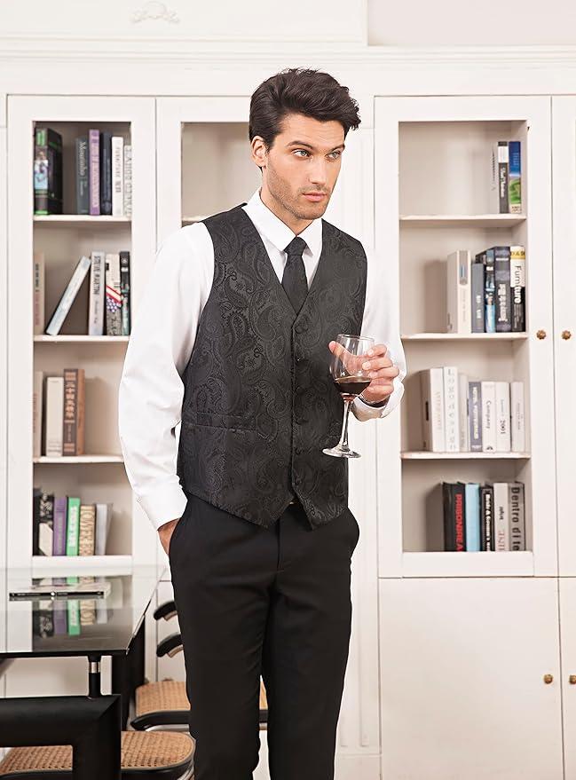HISDERN Mens Vest Tie Set 3PC Formal Waistcoat Paisley Floral Jacquard Necktie Pocket Square Suit Vests Wedding Party Large