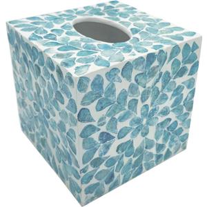 PEMAR Handcrafted Wooden Tissue Box Cover for Small Cube Tissue Boxes Only (Max Inner Size 4.7”) – Capiz Shell Inlay Decorative Tissue Holder for Bathroom, Living Room & Office (Teal Vines)