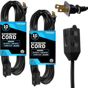 Thonapa 10 Ft Black Extension Cord 2 Prong 3 Outlets, 2 Pack, 16/2 Indoor Extension Cord with Multiple Outlets, 13 AMP Electrical Cable for Home, Office, Household Appliances
