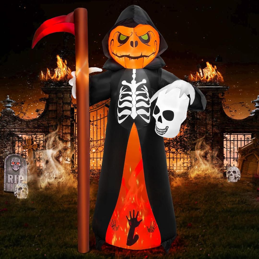6FT Halloween Inflatable Reaper Holding Sickle and Skull Decoration, Blow up Halloween Ghost Inflatable Built-in 5 LED and 1 Red Fire Flashing LED for Halloween Inflatables Outdoor Decoration