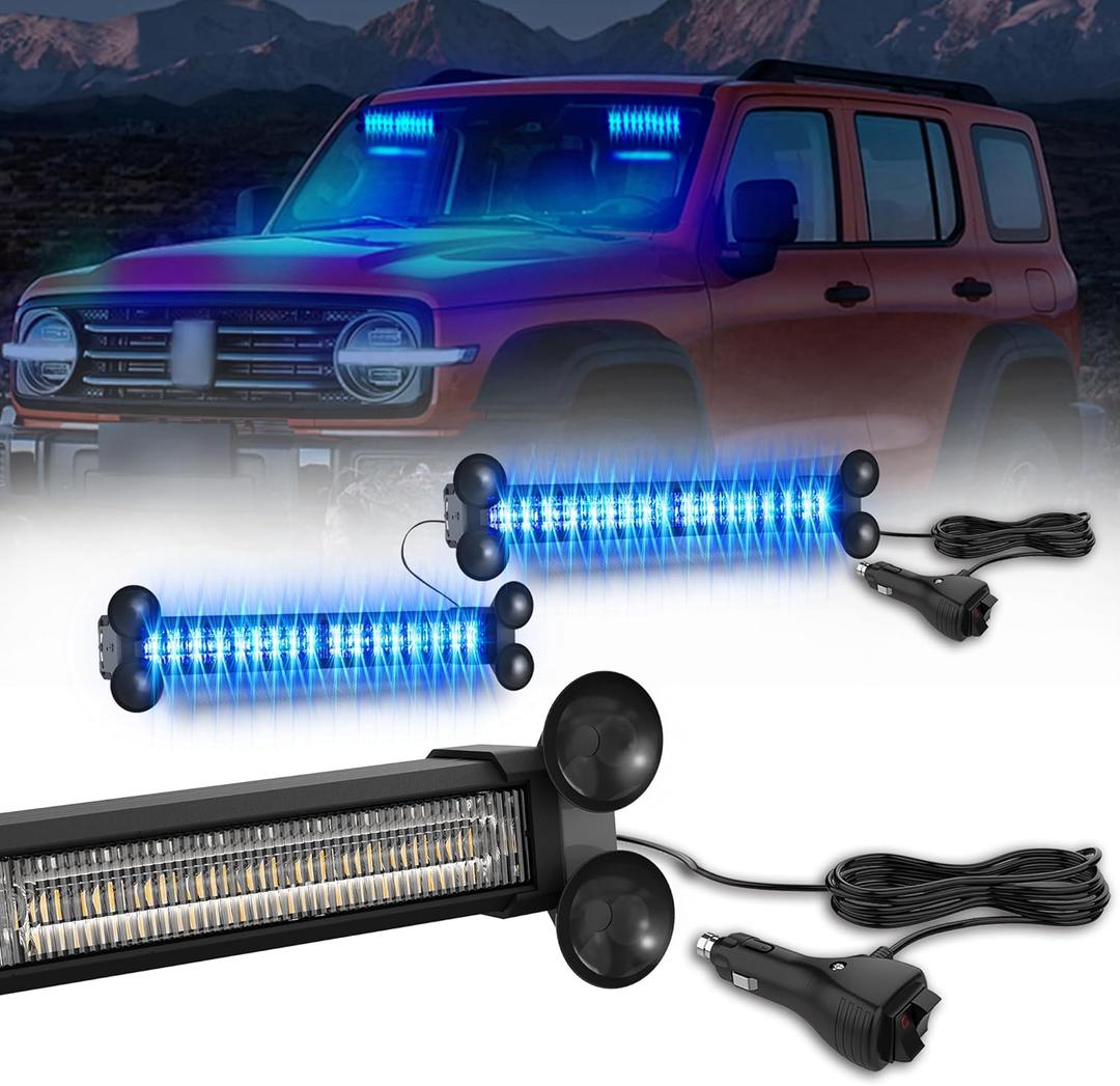 WINECO Emergency LED Strobe Traffic Advisor Lights Bar, Car Windshield Hazard Safety Warning Directional Flashing Light w/Suction Cups Split Mount for Vehicle Trucks Volunteer, 2x12inch, Blue