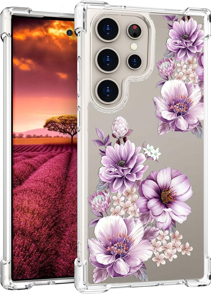 Compatible with Samsung Galaxy S24 Ultra Case Designer Cute Clear for Women,Cool Transparent Silicone Phone Cases Cover - Pink Large Peony Flowers