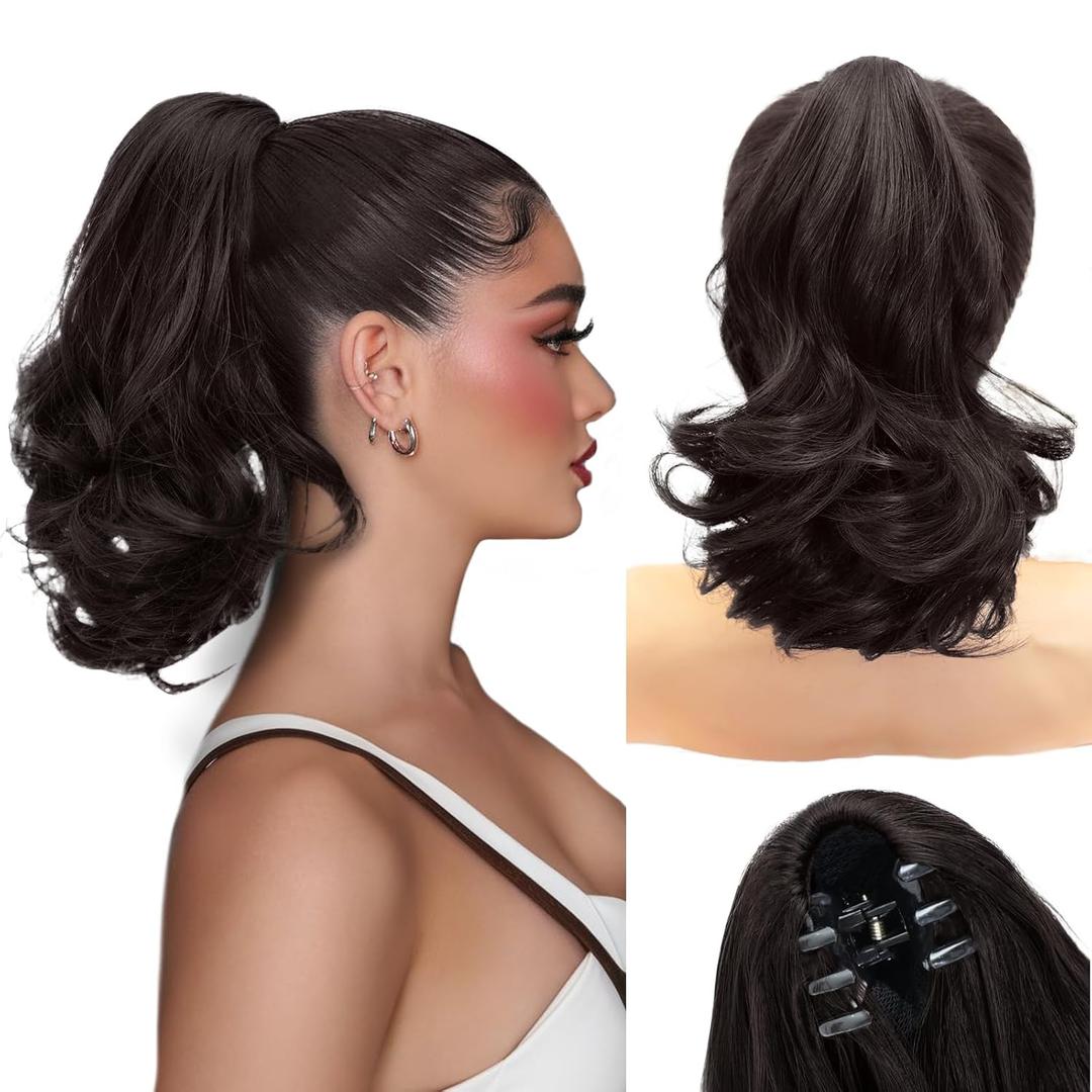 NAYOO Claw Clip Ponytail Extension Black Brown 12" Short Wavy Ponytail Clip in Hair Extensions for Women Curly Natural Layered Pony Tails for Short Thin Hair Synthetic Hairpiece(Black Brown)