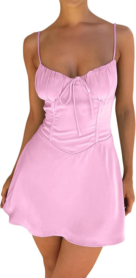 ISZPLUSH Women's Sexy Ruched Lace-Up Cami Dress Double Layer Adjustable Straps Slim Fit Bodycon Mini Dress Party Club (Pink)